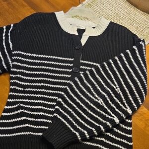 Black and White Striped Cardigan Sweater